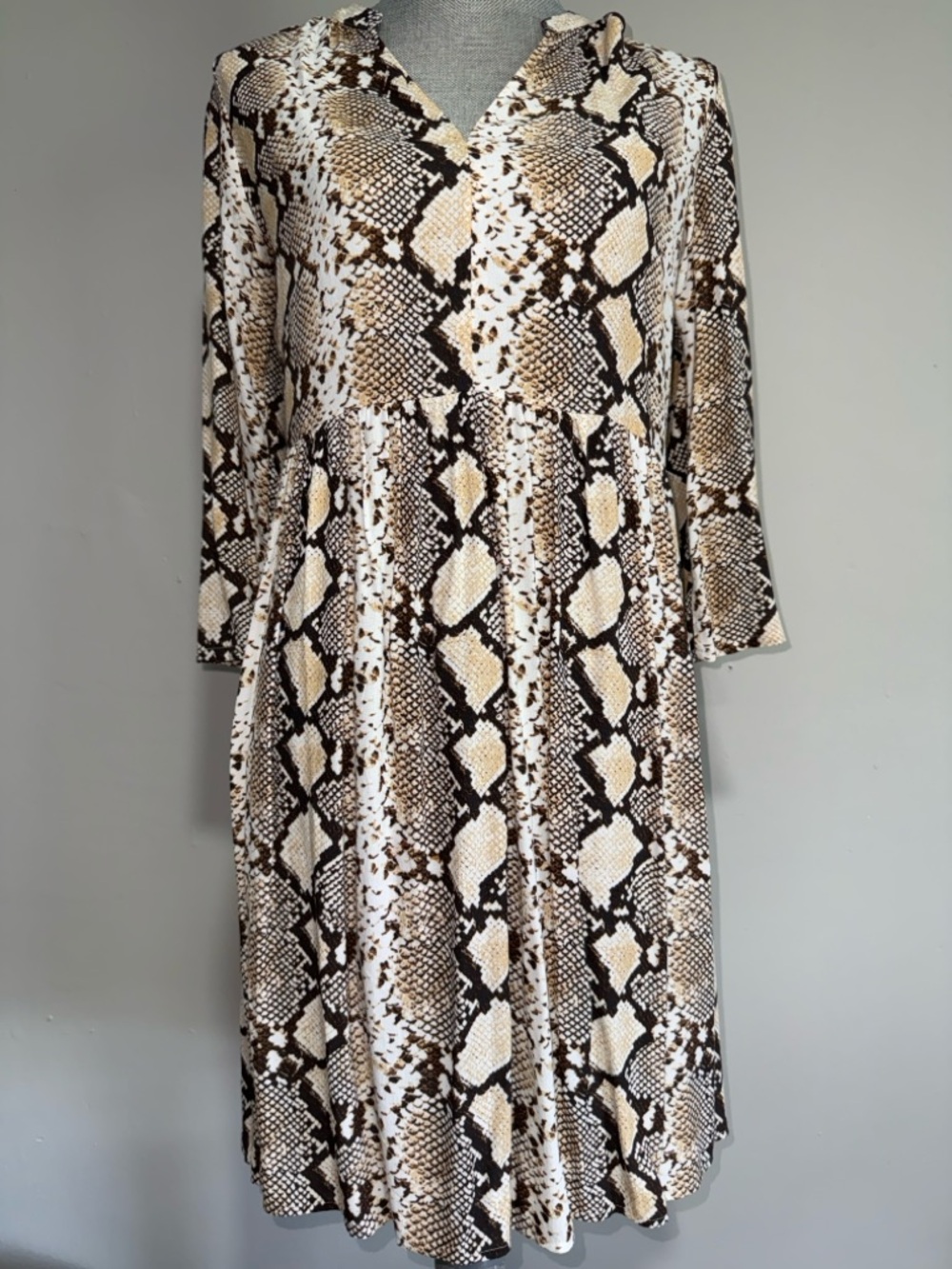 Mauve Snake-Print Long Sleeve Midi Dress in Brown and Cream